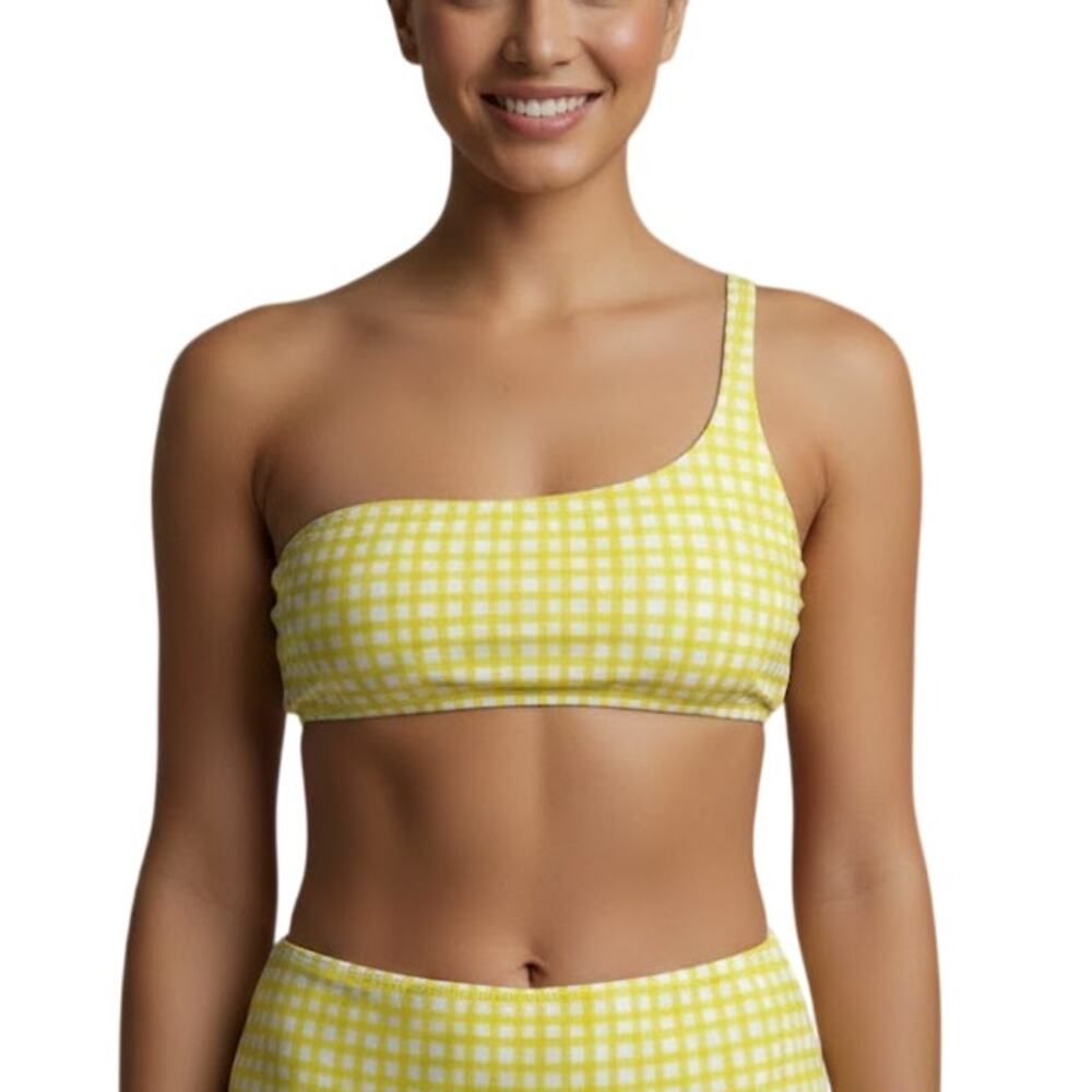 Peixoto Theo One Shoulder Bikini Top Yellow Gingham Women M NWT